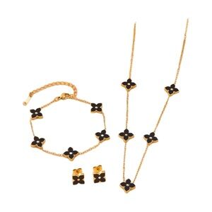 Four Leaf Clover Black 18K Goldplated Jewelry Set (Necklace,Bracelet&Earrings)